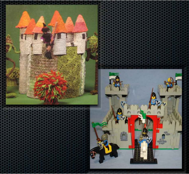 A photo of a knitted castle next to a lego castle